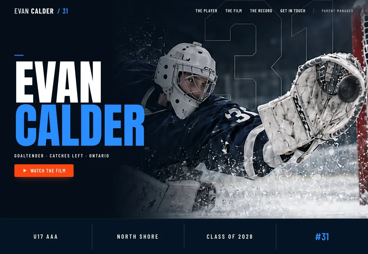Preview of Evan Calder's athlete page: name, position, team and jersey number over a goaltending photo